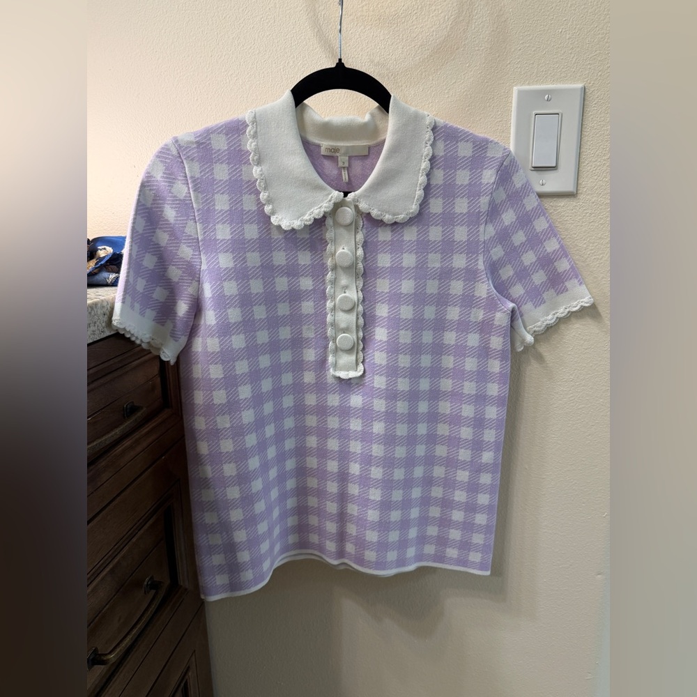 Maje woman’s Lavender Gingham Collared Knit Top with Scalloped Trim